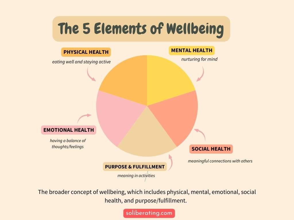 Is Wellbeing the same as Wellness? Here's The 5 Key Elements of Wellbeing include physical health, mental health, emotional health, social health, and purpose and fulfillment - shown here as pie segments.